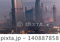 Aerial timelapse Dubai foggy skyline dawn Downtown Dubai aerial perspective 140887858