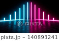 Symmetrical neon light pillars glowing on a dark reflective surface, looped video, 3d rendering 140893241
