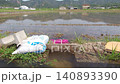 Agricultural irrigation canals flowing through rice paddies before rice planting. 140893390