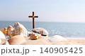 A cross on a wave-crashing beach, a church summer retreat and summer Bible school with seashells and conch shells on the sand, background of the sound of waves and summer camp. 140905425