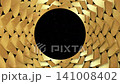 Animation of bright gold lotus flowers texture rotating on a black circle with copy space. Video seamless looping on starry galaxy background 141008402