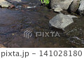 Close-up of a clear mountain stream flowing rapidly over dark rocks in Songgon, Banyuwangi, Indonesia. Splashing white water cascading through stones, creating a fresh and peaceful natural background. 141028180