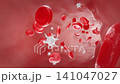 Blood flows through vessels as red blood cells, platelets, and white blood cells travel together. 3D animation of cellular transport and circulatory dynamics. 141047027