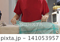 Hands straighten a checked kitchen towel on an ironing board and then guide a steam iron across the fabric. 141053957