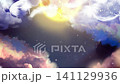 満月輝く夜空、舞い落ちる天使の羽のスピリチュアルな背景画 141129936