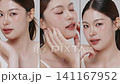 Collage vertical footage of young beautiful Asian woman on white background. Perfect facial and skin for commercial skin care advertising concept. 141167952