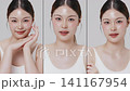 Collage vertical footage of young beautiful Asian woman on white background. Perfect facial and skin for commercial skin care advertising concept. 141167954