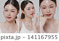 Collage vertical footage of young beautiful Asian woman on white background. Perfect facial and skin for commercial skin care advertising concept. 141167955