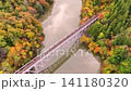 A bird's-eye view of the First Tadami River Bridge | Autumn foliage in the valley and the railway tracks A bird's-eye view of the First Tadami River Bridge | Autumn foliage in the valley and the railway tracks 141180320