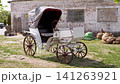 Antique White Horse Drawn Carriage Resting on Grass Near Rustic Brick Wall 141263921