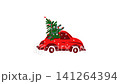 Animation. 4K. Red retro car and decoration Christmas tree in blizzard. Holiday banner. Xmas greeting card. New Year concept. Design element on white background. Stock footage 141264394