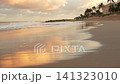 Ocean waves wash onto a sandy beach at golden sunset with glowing reflections 141323010