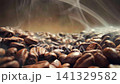 Roasting coffee beans process with smoke rising in slow motion from freshly roasted seeds on dark background, sliding view 141329582
