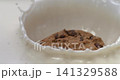 Chocolate chip cookie falling into milk in super slow motion 1000 fps with creamy splash for breakfast advertising 141329588