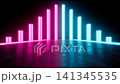 Neon equalizer corner with magenta and cyan vertical bars reflecting on glossy concrete floor, forming vivid futuristic light geometry with strong contrast, depth, and sleek nightclub mood 141345535