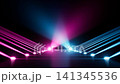 Symmetrical magenta and cyan stage lighting with converging diagonal beams, reflective floor, deep purple glow, and tall diffused columns creating futuristic event atmosphere 141345536