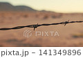 Barbed wire fence in a dry desert landscape 141349896