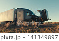Semi truck breakdown with an open hood on a desert roadside 141349897