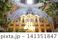 Birch branches framing Orthodox church interior, celebrating Pentecost and Trinity Sunday 141351847