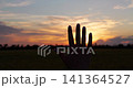 Female hand reaches toward glowing sunset over rural landscape. Vertical video represents dreams, inspiration, personal aspirations and the pursuit of goals in a serene natural setting. 141364527