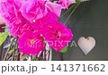Vibrant pink roses bloom with lush petals, showcasing intricate details and a heart-shaped decoration in the background, creating a lively garden scene 141371662