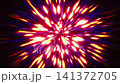 Bright glowing red and yellow radial light rays bursting from center against dark background, concept of futuristic hyperspace transition 141372705