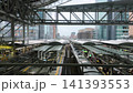 High-angle view of trains and platforms at Osaka Station in Japan. Commuters wait for public transit under a massive modern steel structure and footbridge. Sky-high corporate skyscrapers. 141393553