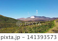 Panoramic view of Mount Aso volcano with smoke emitting from the active crater in Japan. Green grassy hills of Kusasenri plateau stretch across the landscape under a clear blue sky.  141393573