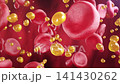 Red blood cells and fat cells flow together through blood vessels, transporting oxygen and lipids. 3D animation of cellular circulation in the vascular system. 141430262