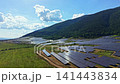 Large solar panel farm located on a hillside with rows of solar panels stretching across the field under a blue sky with clouds 141443834