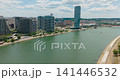 4K aerial view of Belgrade waterfront skyline and river, Serbia 141446532