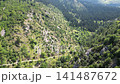Aerial view of green mountain valley with pine forest and winding dirt path in Greece for Mediterranean nature travel landscape and hiking destination concept 141487672