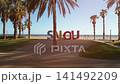 colorful letters of Salou town, palm trees andl beach at sunset, Catalonia, Spain 4k 141492209