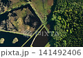 beautiful artificial lake in green forest, serene fishing pond and swamp, fishery and hunting industry, aerial top view, Osowek Poland 4k 141492406