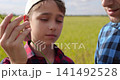 Happy father and son smile while examining wheat ear in green field during harvest season. Close up captures agricultural learning, family bonding and joyful farming experience. 141492528