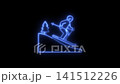 Blue neon glowing skier icon sliding down snowy mountain slope with pine tree winter sport visual on black background 141512226