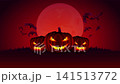 Scary Halloween Pumpkins with Flying Bats Under Red Full Moon Animated Background in 4K 141513772