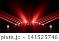 Symmetrical red stage lights with converging laser beams, rising floor spot cones, circular reflections, strong glow, dark backdrop, and precise geometric depth for concert style visual energy 141525746