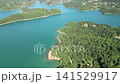 Aerial flyover above turquoise bays and pine covered islands at Lake Plastiras in Karditsa region Greece for Mediterranean alpine lake ecosystem and nature video. High quality 4k footage 141529917
