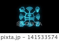 Glowing blue neon smart home hub icon with connected iot devices like light bulb door lock and wifi router on black background 141533574