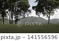 Spacious green lawn campsite framed by large trees with lush mountain background. Scenic outdoor nature landscape. 141556596