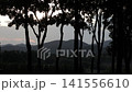 Timelapse of silhouetted trees and mountains against a colorful sunset sky. Dramatic twilight atmosphere at a nature campsite. 141556610