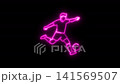 Pink neon soccer player kicking ball glowing icon outline graphic on black background 141569507