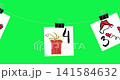 Hand-drawn advent calendar pages numbered 1 to 25 hang on binders along a rope, moving smoothly from left to right. Animated in After Effects against a festive green background, this loop is perfect f 141584632
