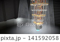 Wide sweeping diagonal pull-back unveiling a quantum computer core, panoramic view. 141592058