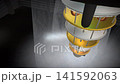 Wide aggressive overhead crane drop plunging down into a quantum computer core, panoramic view. 141592063