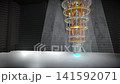 Wide cinematic forward jib approach gliding towards a quantum computer core, panoramic view. 141592071