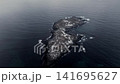 Aerial view of a narrow rocky island with jagged shoreline in calm dark ocean 141695627