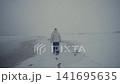 Person Walking Away Along Snowy Beach Near Shoreline 141695635