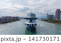 Miami tour 4k footage. Cruise ship voyage. Aerial view of cruise in summer vacation. Cruise ship tour and travel at sea. Aerial view of luxury liner voyage. Ship leaving Miami beach port 141730171